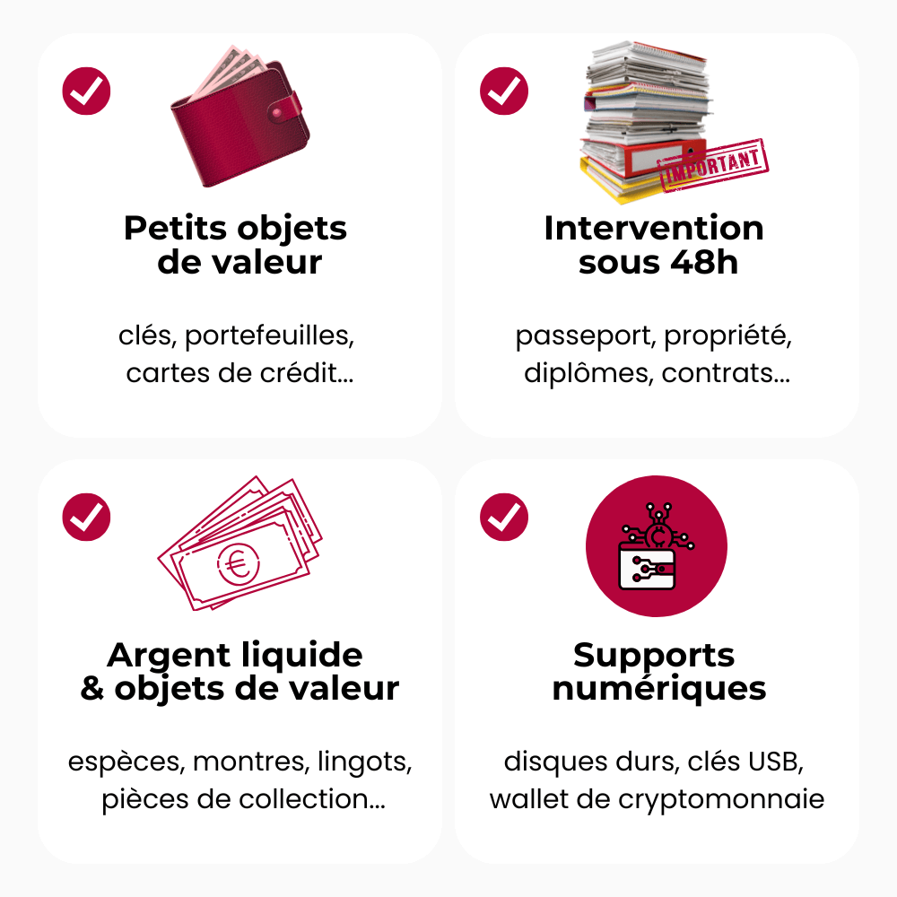 Objets de valeur à protéger dans un coffre-fort compact SUREAL2 à Dijon et Strasbourg – clés, espèces, documents et supports numériques
